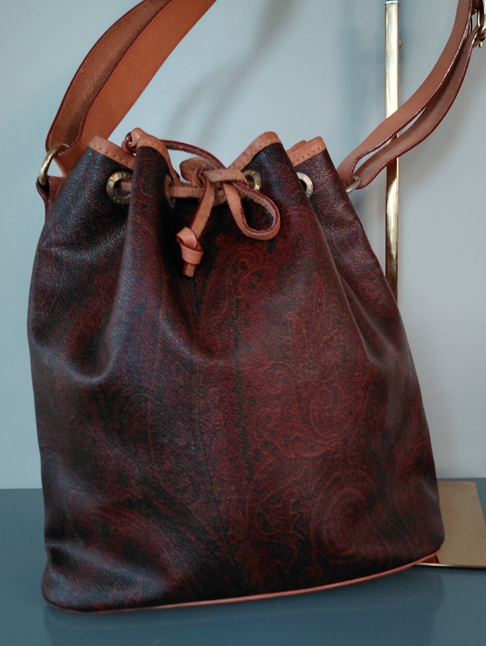 Etro Brown Paisley Drawstring Bucket with Tan Trim